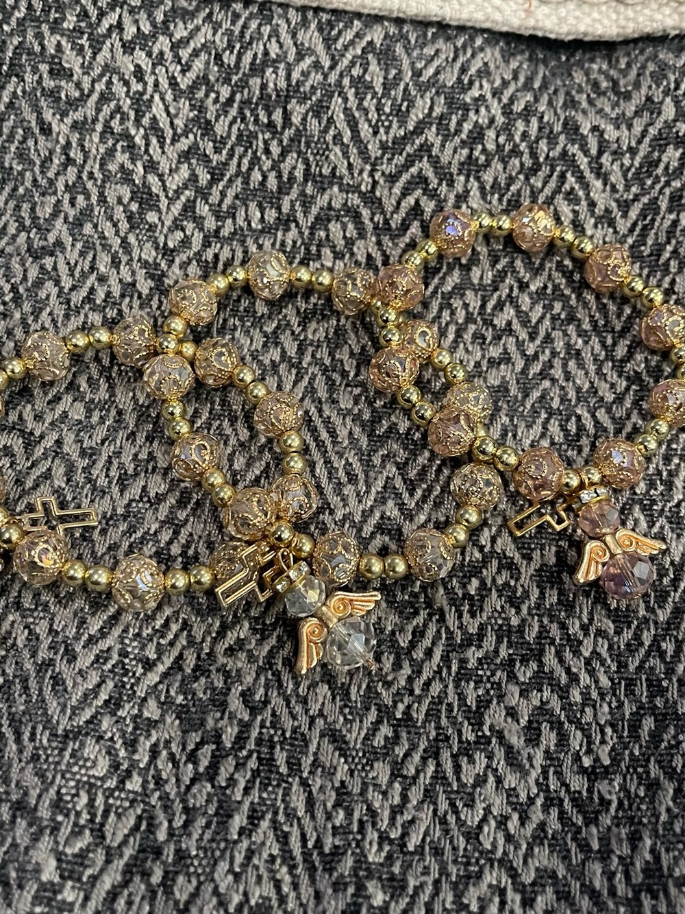 Set of 3 Gold and Clear Beaded Charm Bracelet Set - With Angel Charms